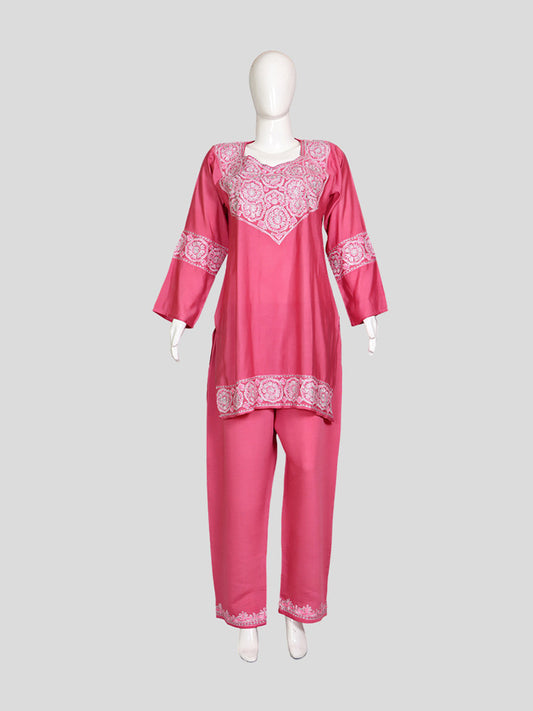 Zariya Kashmiri Aari Embroidered Rose Pink Silk Coord Set