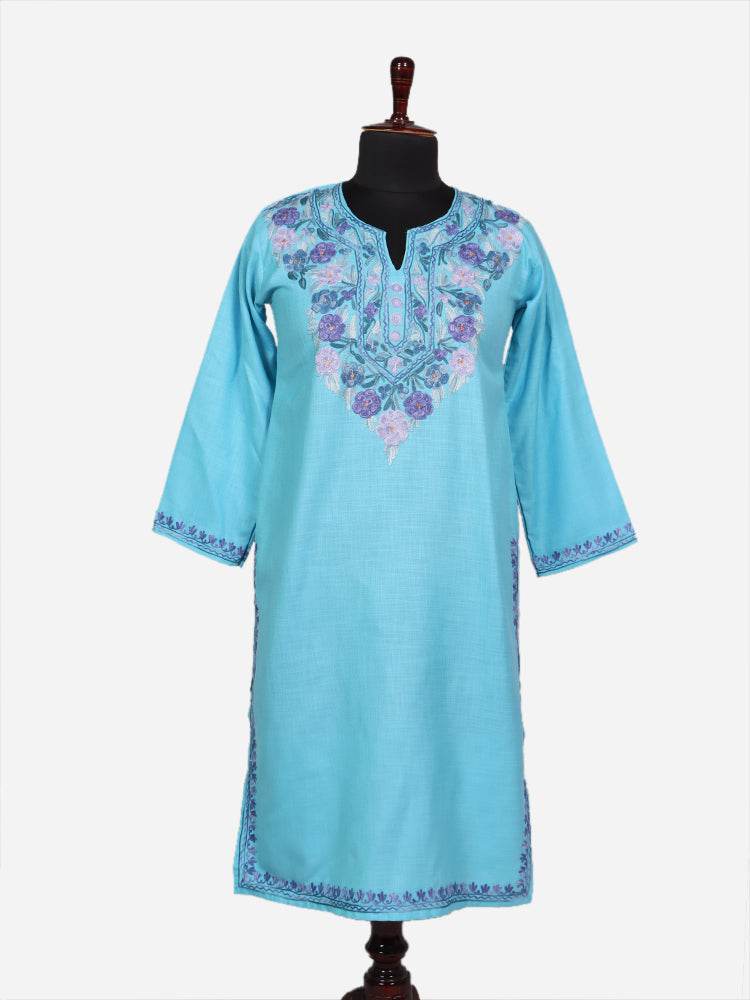 nAARI Ferozi Blue Kashmiri Aari Embroidered Cotton Kurti - Shopping in Kashmir