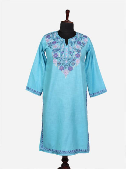 nAARI Ferozi Blue Kashmiri Aari Embroidered Cotton Kurti - Shopping in Kashmir