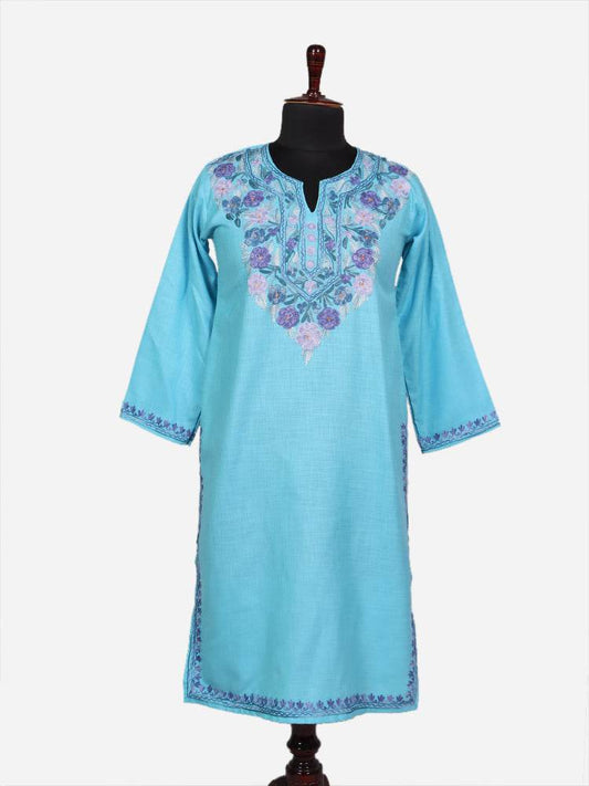 nAARI Ferozi Blue Kashmiri Aari Embroidered Cotton Kurti - Shopping in Kashmir