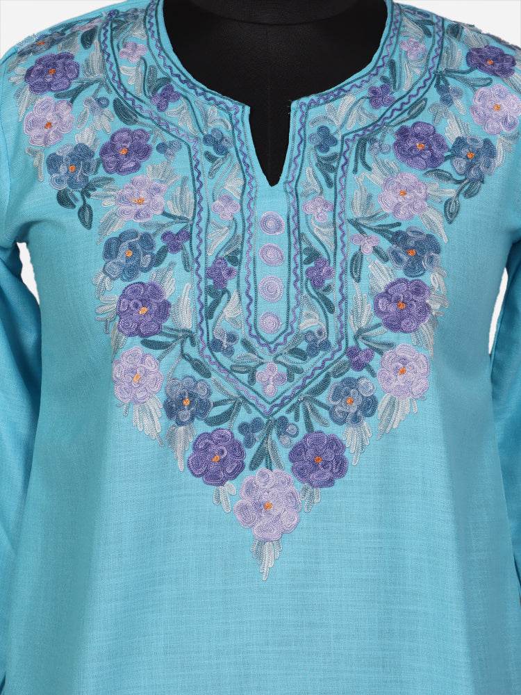 nAARI Ferozi Blue Kashmiri Aari Embroidered Cotton Kurti - Shopping in Kashmir