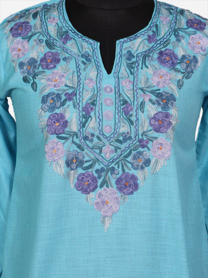 nAARI Ferozi Blue Kashmiri Aari Embroidered Cotton Kurti - Shopping in Kashmir