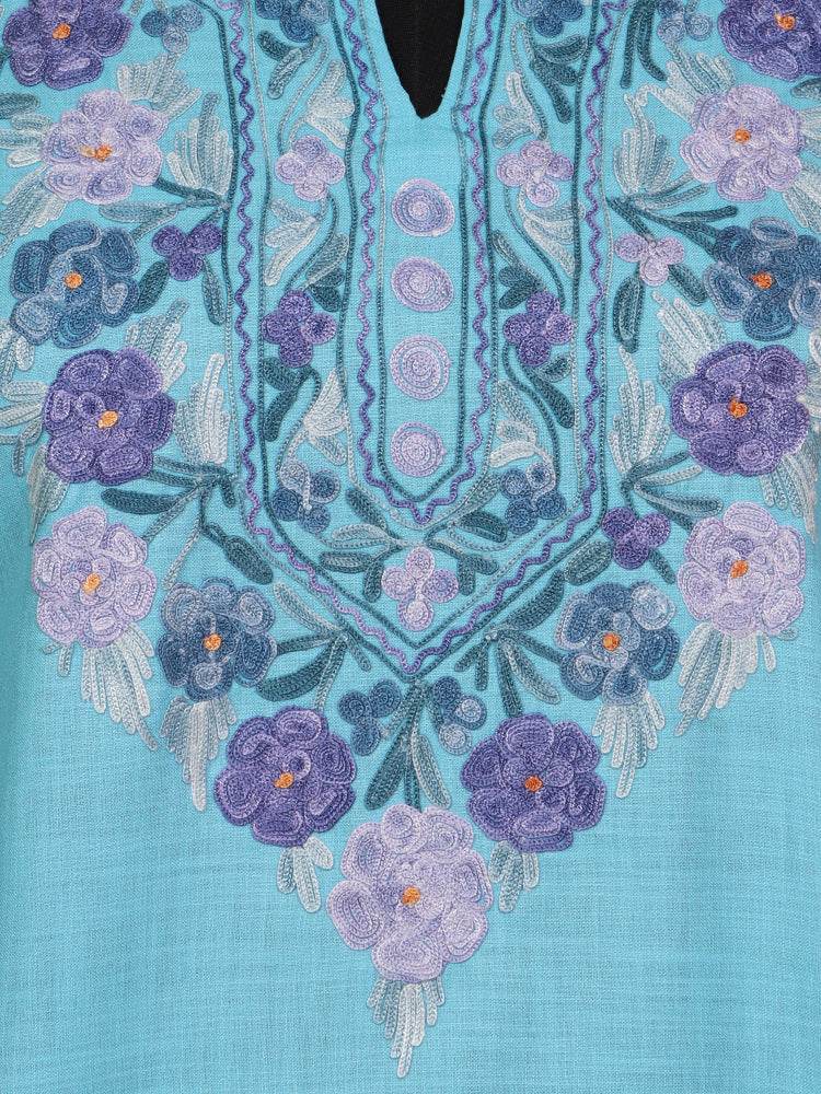 nAARI Ferozi Blue Kashmiri Aari Embroidered Cotton Kurti - Shopping in Kashmir