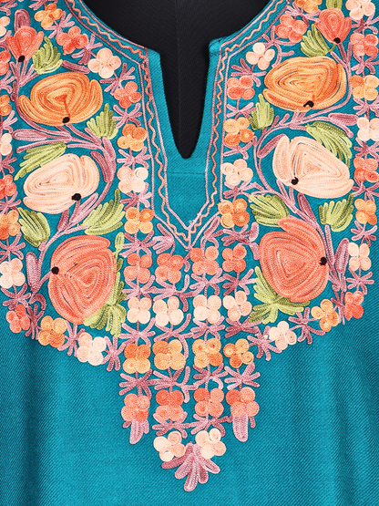 Sky Blue Cashmilon Wool Aari Embroidered Kashmiri Pheran - Pehnava