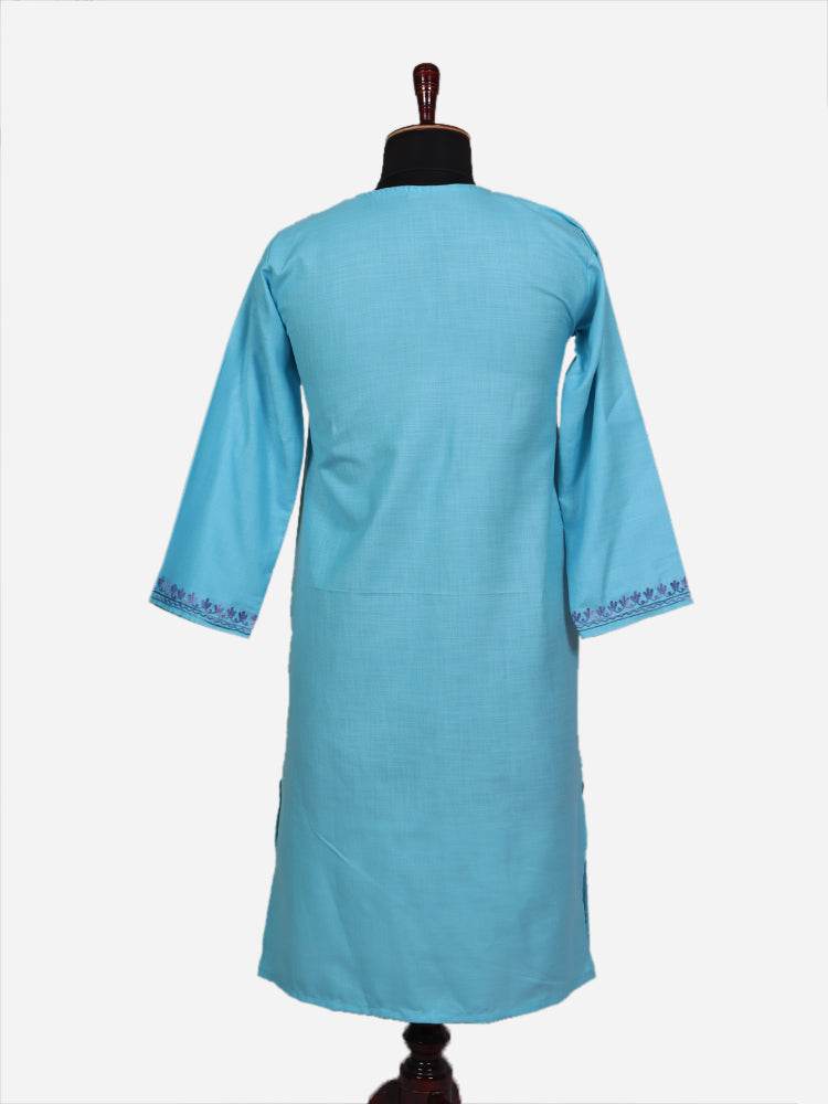 nAARI Ferozi Blue Kashmiri Aari Embroidered Cotton Kurti - Shopping in Kashmir