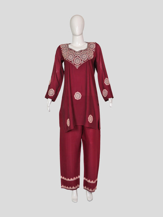 Zariya Kashmiri Aari Embroidered Berry Maroon Silk Coord Set