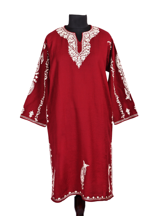 Maroon Red Cashmilon Wool Zari Embroidered Kashmiri Pheran - Pehnava