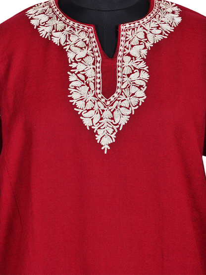 Maroon Red Cashmilon Wool Zari Embroidered Kashmiri Pheran - Pehnava