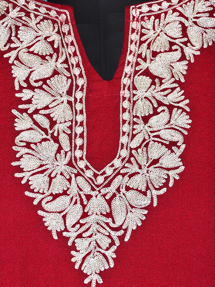 Maroon Red Cashmilon Wool Zari Embroidered Kashmiri Pheran - Pehnava