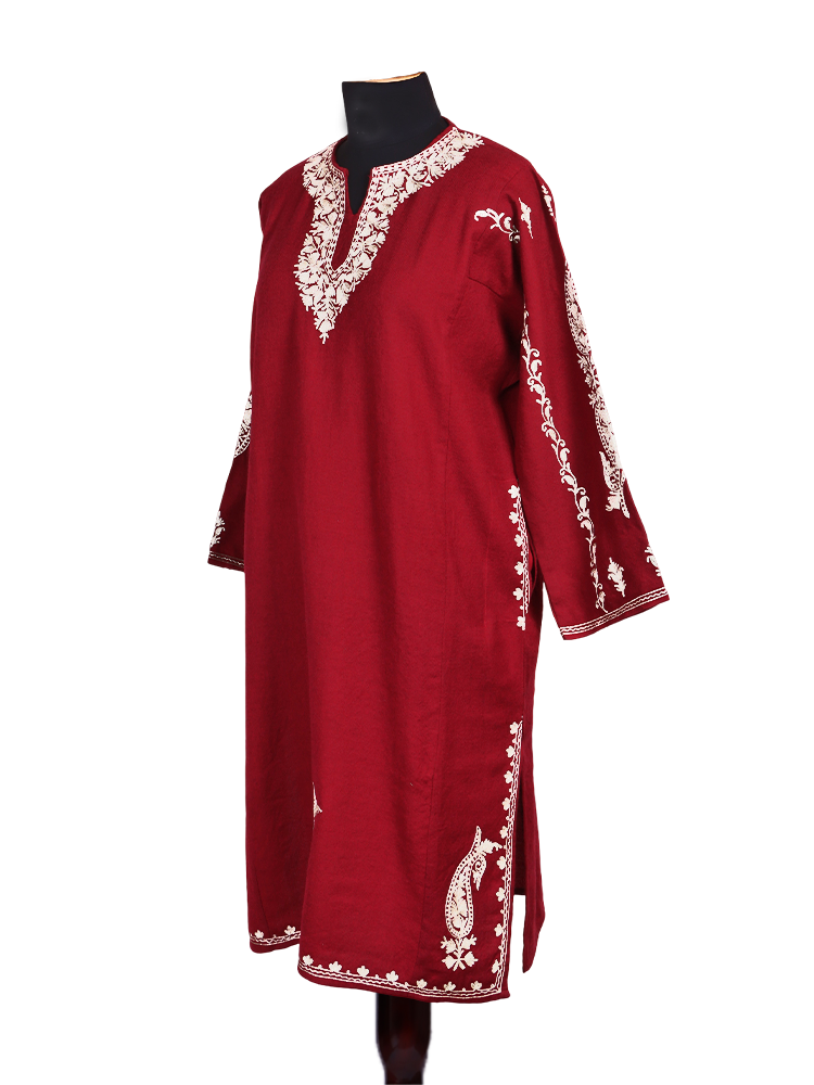 Maroon Red Cashmilon Wool Zari Embroidered Kashmiri Pheran - Pehnava