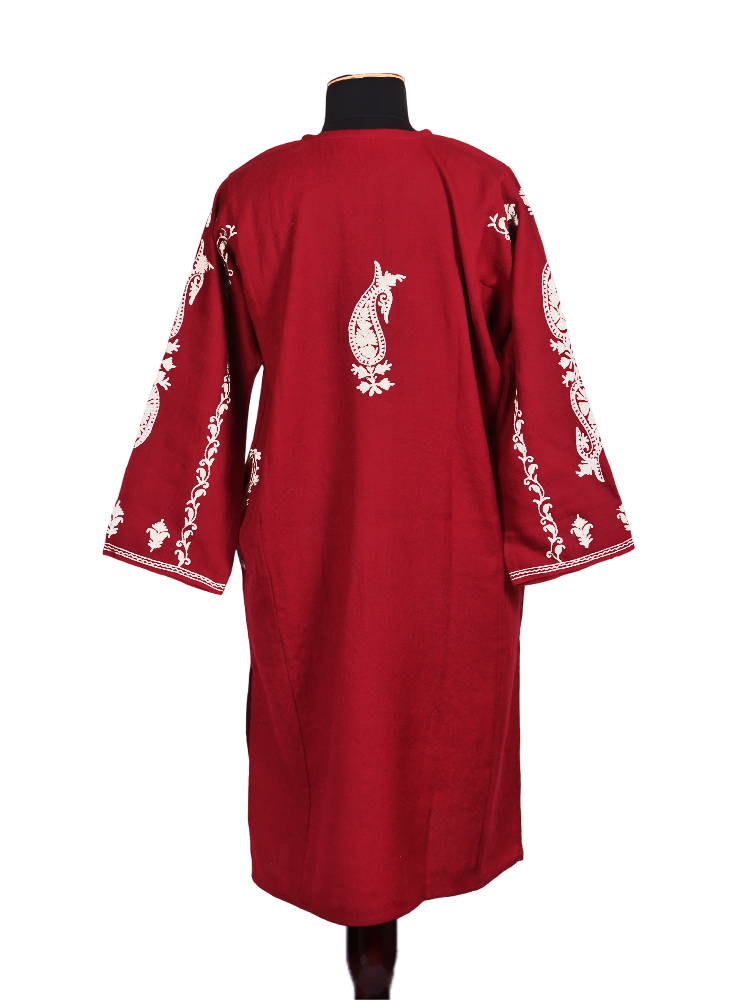 Maroon Red Cashmilon Wool Zari Embroidered Kashmiri Pheran - Pehnava