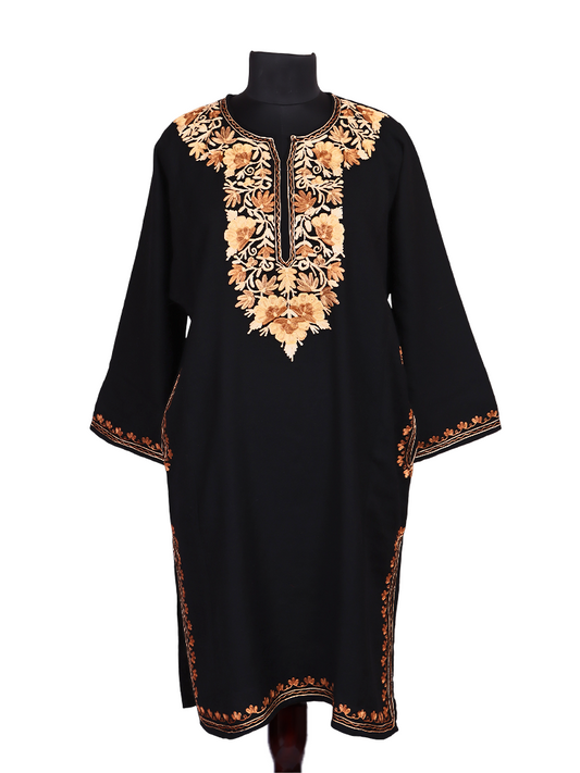 Cashmilon Wool Black Aari Embroidered Kashmiri Pheran - Pehnava