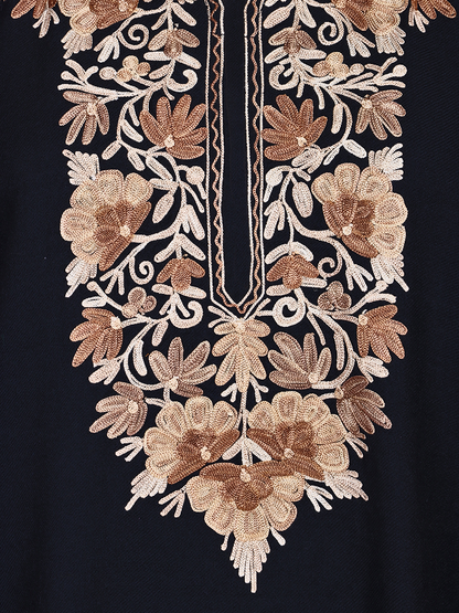 Cashmilon Wool Black Aari Embroidered Kashmiri Pheran - Pehnava