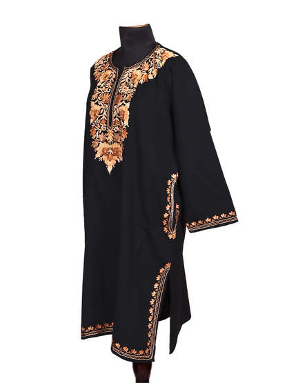 Cashmilon Wool Black Aari Embroidered Kashmiri Pheran - Pehnava