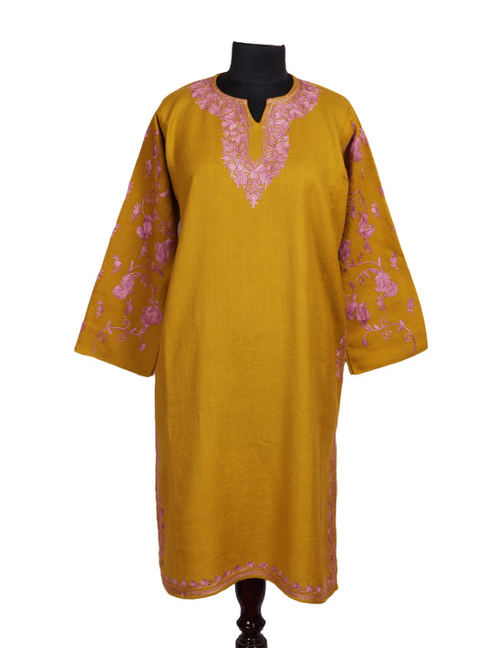 Yellow Ochre Cashmilon Wool Aari Embroidered Kashmiri Pheran - Pehnava