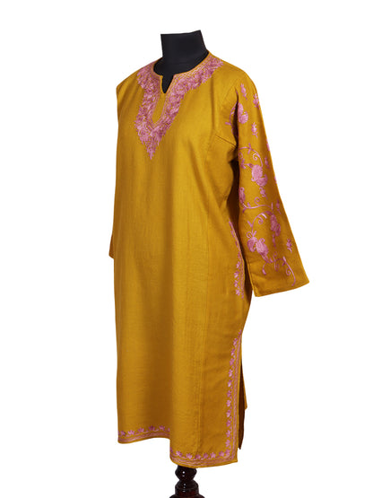 Yellow Ochre Cashmilon Wool Aari Embroidered Kashmiri Pheran - Pehnava