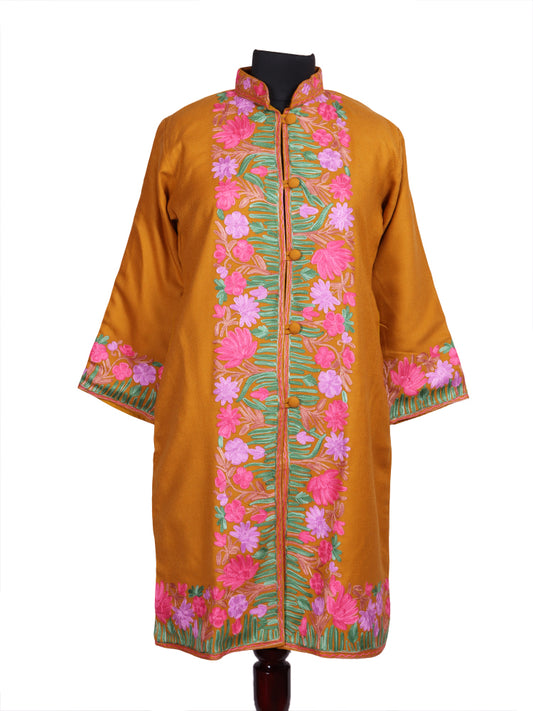 Deep Mustard Cashmilon Wool Kashmiri Aari Embroidered Jacket