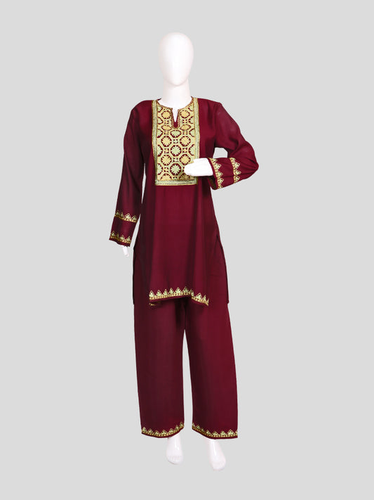 Zariya Kashmiri Aari Embroidered  Maroon Silk Coord Set
