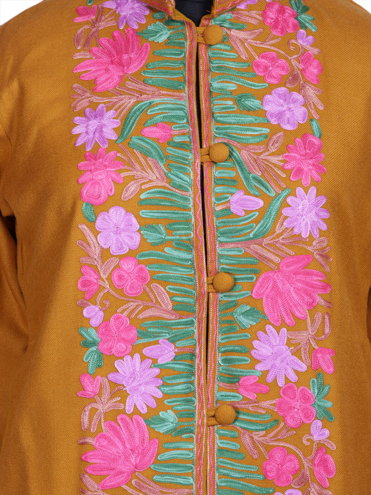 Deep Mustard Cashmilon Wool Kashmiri Aari Embroidered Jacket