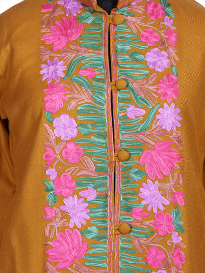 Deep Mustard Cashmilon Wool Kashmiri Aari Embroidered Jacket