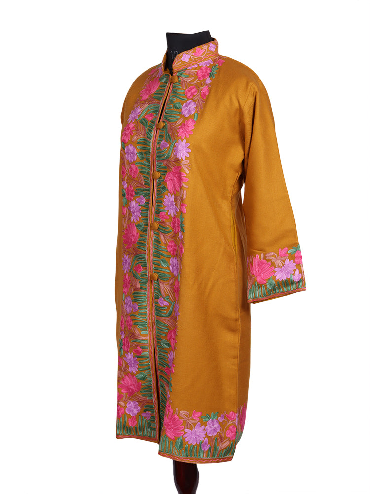 Deep Mustard Cashmilon Wool Kashmiri Aari Embroidered Jacket
