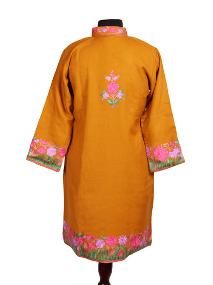 Deep Mustard Cashmilon Wool Kashmiri Aari Embroidered Jacket