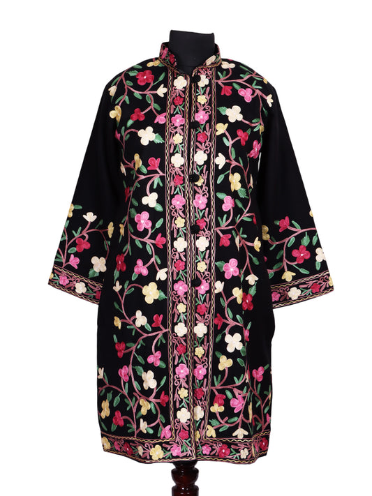 Jet Black Cashmilon Wool Kashmiri Aari Embroidered Jacket