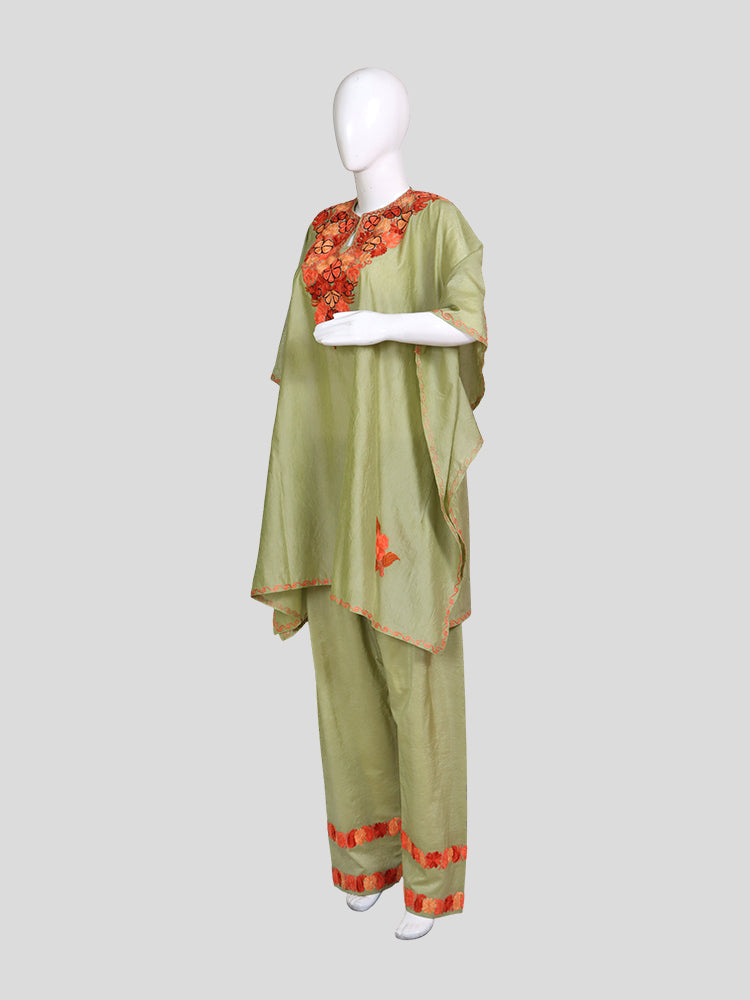 Zariya Kashmiri Aari Embroidered Pastel Olive Green Silk Kaftan Set