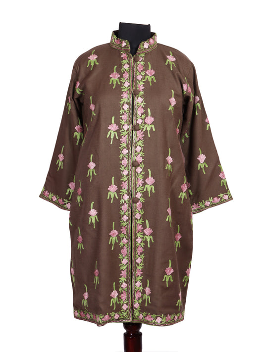 Coffee Brown Cashmilon Wool Kashmiri Aari Embroidered Jacket