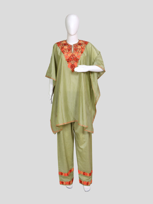 Zariya Kashmiri Aari Embroidered Pastel Olive Green Silk Kaftan Set