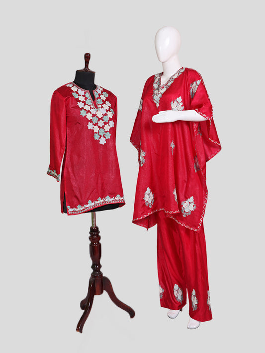 Zariya Cherry Red Silk Twins - Kaftan Set & Kurti