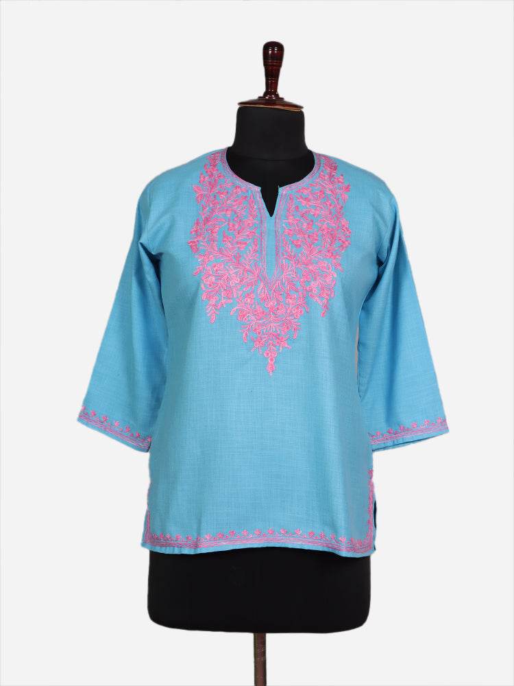 nAARI Glacier Blue Kashmiri Aari Embroidered Cotton Kurti - Shopping in Kashmir