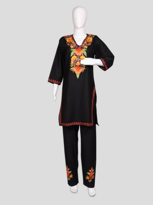 nAARI Kashmiri Aari Embroidered Jet Black Cotton Coord Set - Shopping in Kashmir