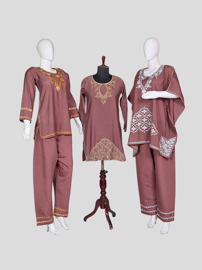 Zariya Dusty Rose Pink Silk Trio Edit - Kurti, Kaftan Set, & Coord Set