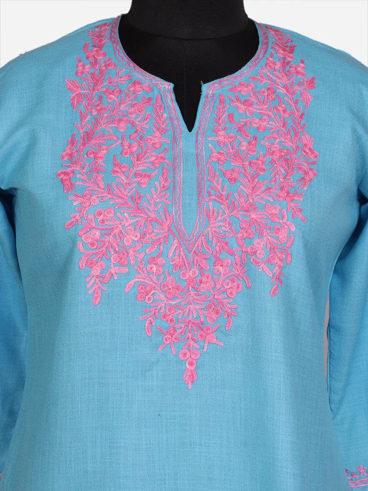 nAARI Glacier Blue Kashmiri Aari Embroidered Cotton Kurti - Shopping in Kashmir