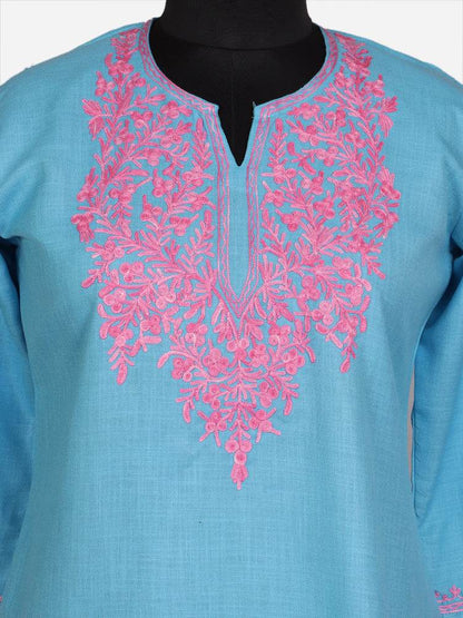 nAARI Glacier Blue Kashmiri Aari Embroidered Cotton Kurti - Shopping in Kashmir