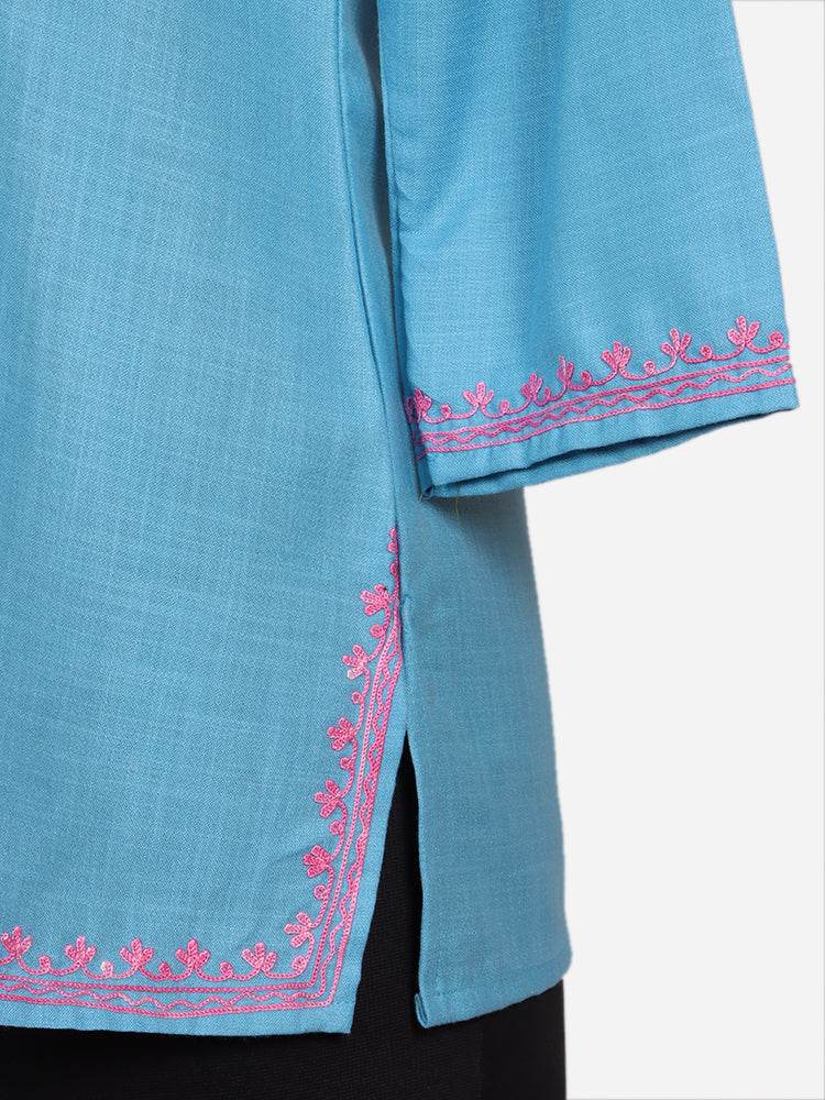 nAARI Glacier Blue Kashmiri Aari Embroidered Cotton Kurti - Shopping in Kashmir