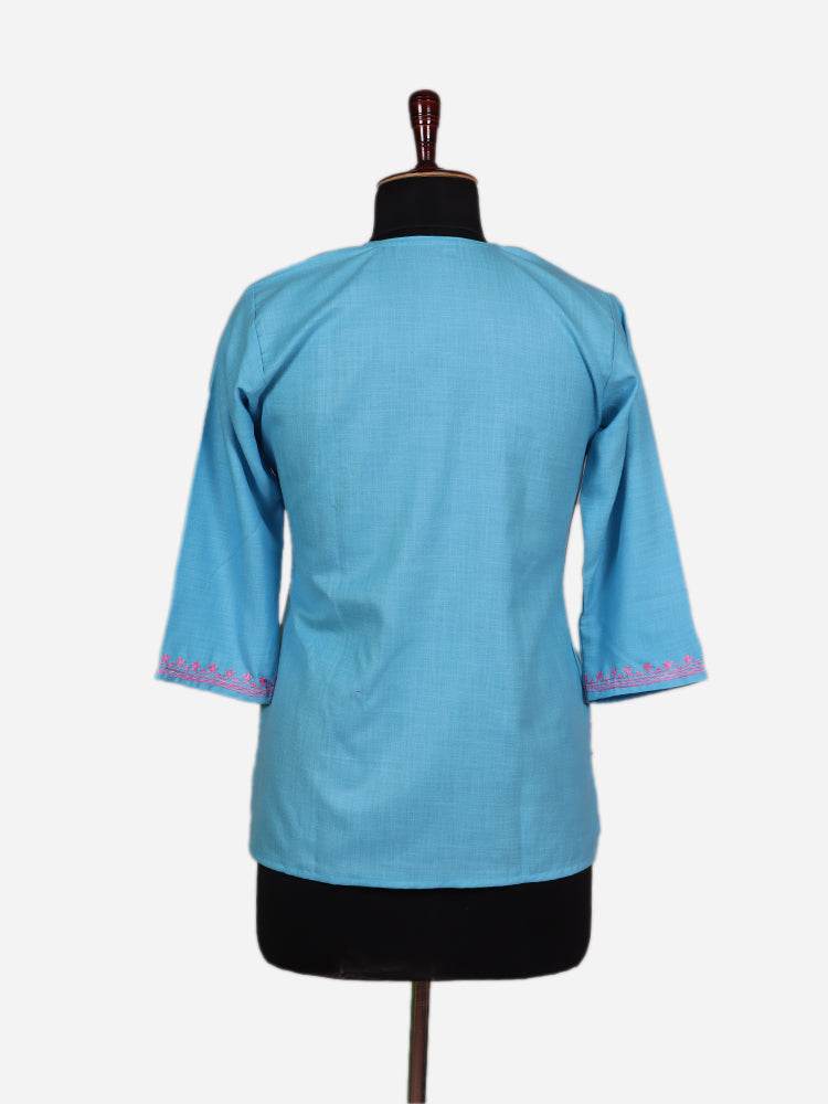 nAARI Glacier Blue Kashmiri Aari Embroidered Cotton Kurti - Shopping in Kashmir