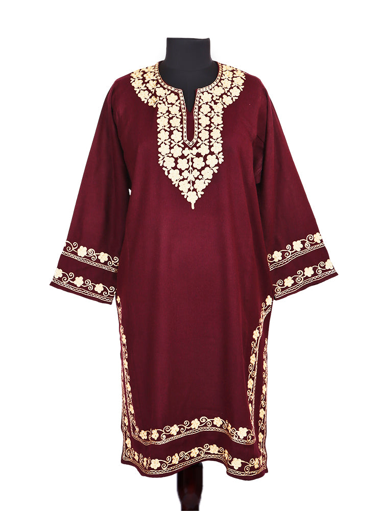 Maroon Red Cashmilon Wool Aari Embroidered Kashmiri Pheran - Pehnava