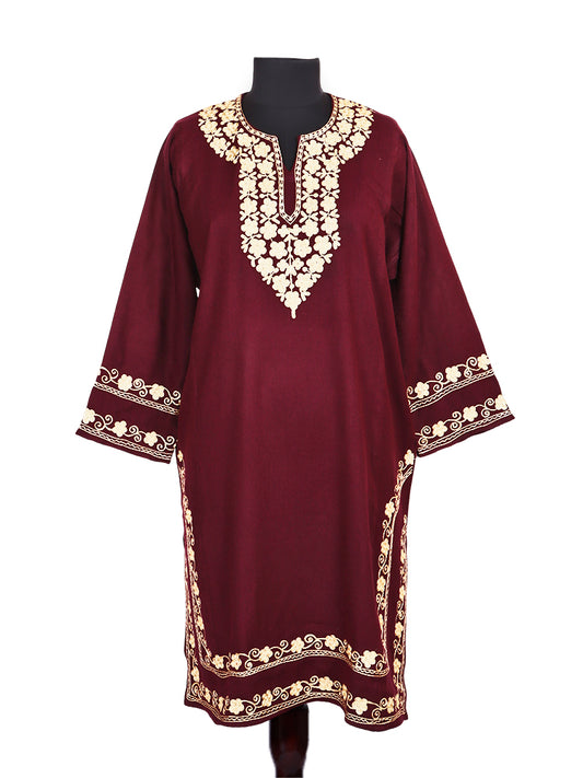 Maroon Red Cashmilon Wool Aari Embroidered Kashmiri Pheran - Pehnava