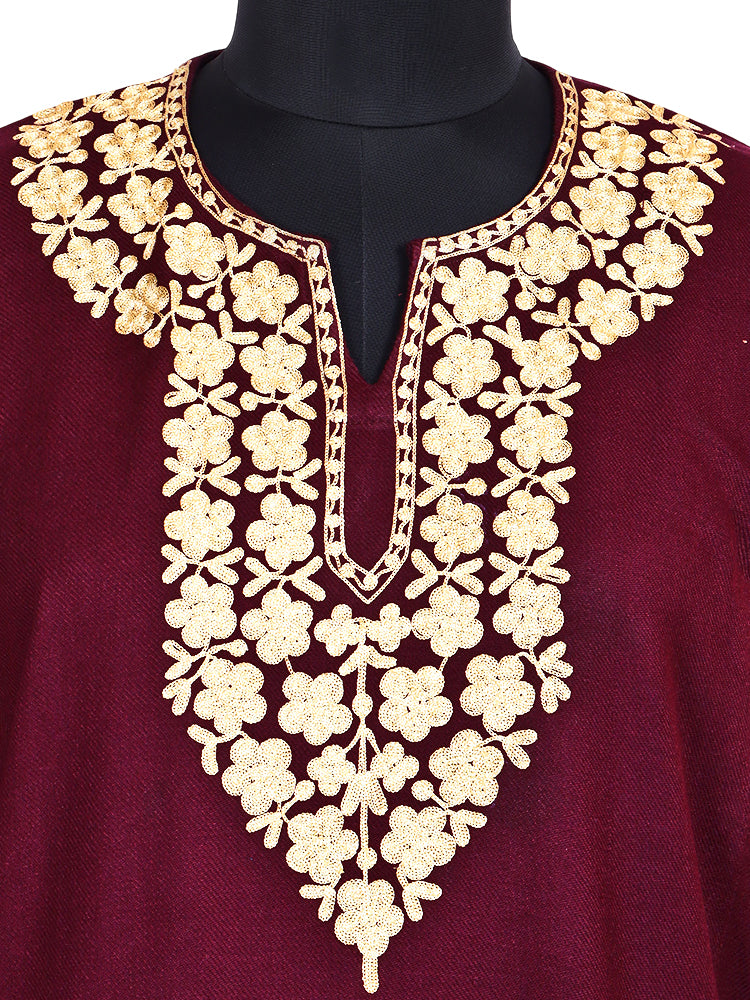 Maroon Red Cashmilon Wool Aari Embroidered Kashmiri Pheran - Pehnava