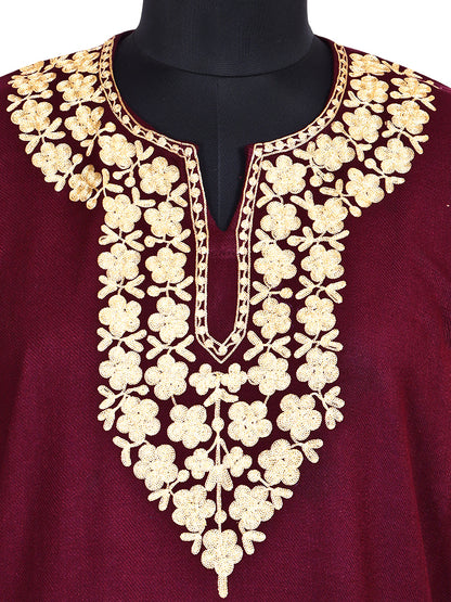 Maroon Red Cashmilon Wool Aari Embroidered Kashmiri Pheran - Pehnava