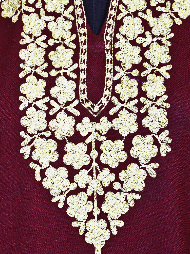 Maroon Red Cashmilon Wool Aari Embroidered Kashmiri Pheran - Pehnava