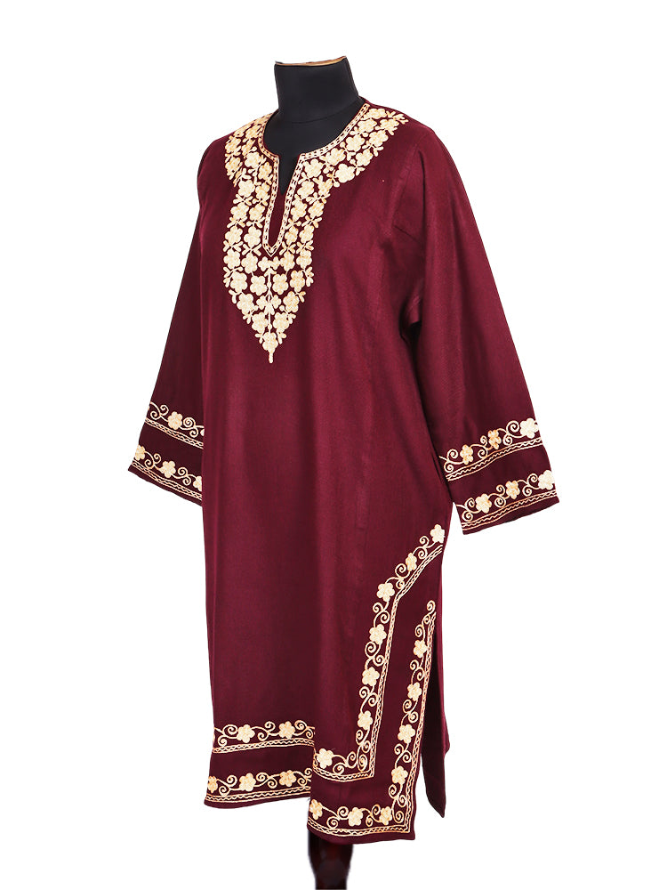 Maroon Red Cashmilon Wool Aari Embroidered Kashmiri Pheran - Pehnava