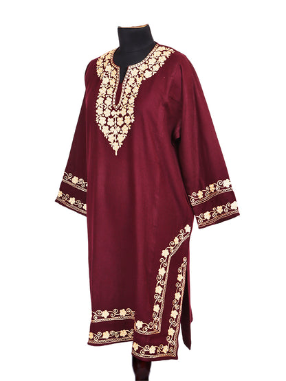 Maroon Red Cashmilon Wool Aari Embroidered Kashmiri Pheran - Pehnava