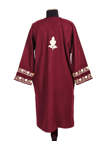 Maroon Red Cashmilon Wool Aari Embroidered Kashmiri Pheran - Pehnava