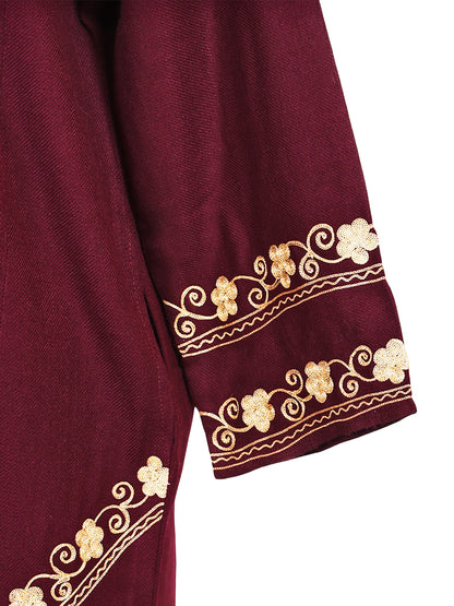 Maroon Red Cashmilon Wool Aari Embroidered Kashmiri Pheran - Pehnava
