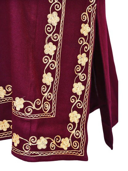 Maroon Red Cashmilon Wool Aari Embroidered Kashmiri Pheran - Pehnava