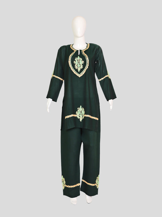 Zariya Kashmiri Aari & Zari Embroidered Evergreen Silk Coord Set