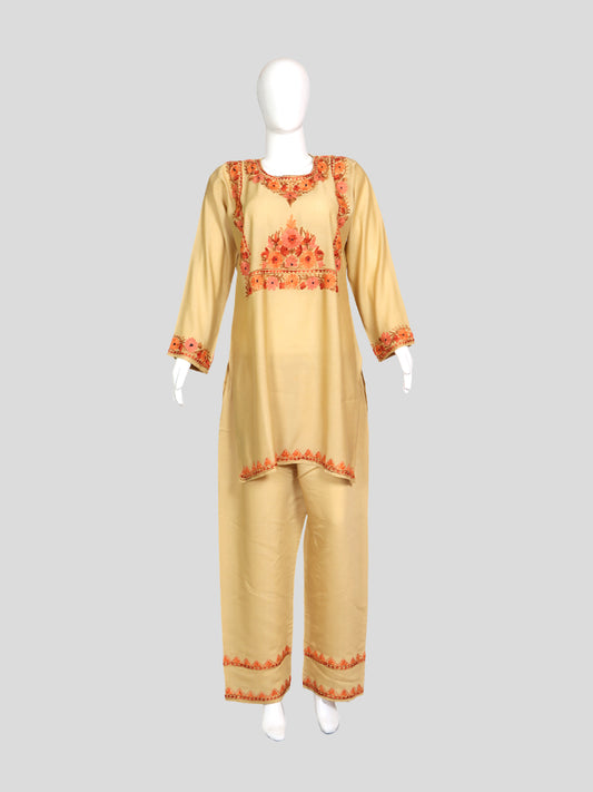 Zariya Kashmiri Aari Embroidered Cream Brulee Silk Coord Set